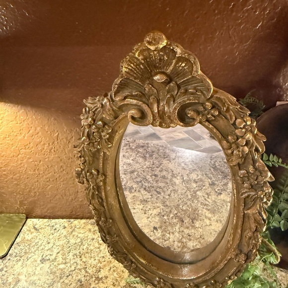 Vintage Gold Baroque Resin Floral Pattern Standing Table Mirror 14 Inches Tall - Picture 6 of 11